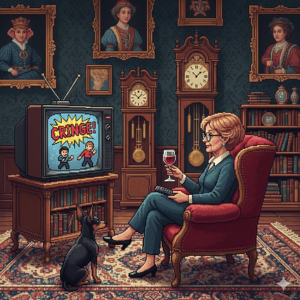 A pixel-art woman in a wingback armchair with a glass of wine, dog at her feet, watching a TV that reads 'CRINGE!', surrounded by gilded portraits and grandfather clocks
