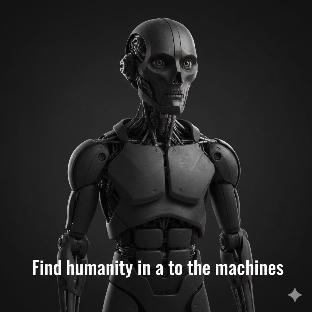 A dark, unsettling AI-generated humanoid robot with exposed skull-like face, captioned 'Find humanity in a to the machines'