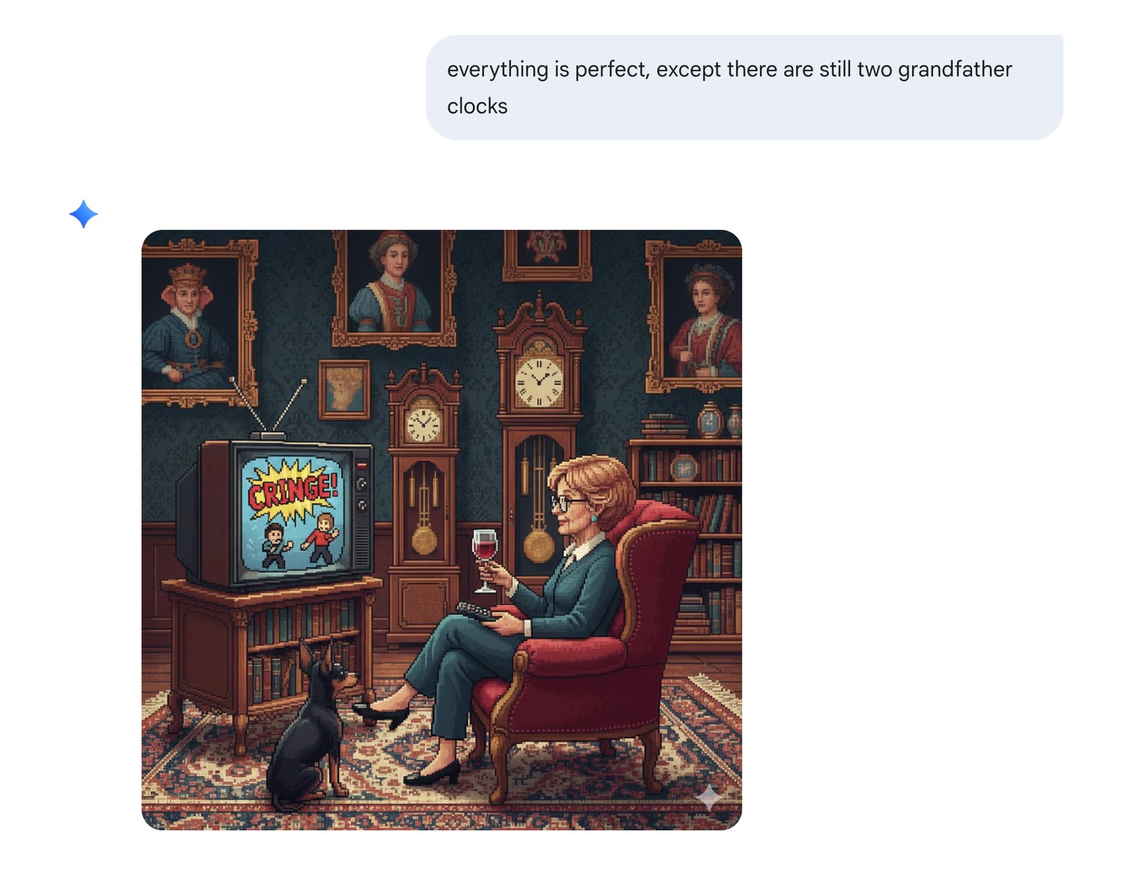 Screenshot of Gemini's pixel-art living room image with the two grandfather clocks still in frame, and the note that everything else is perfect