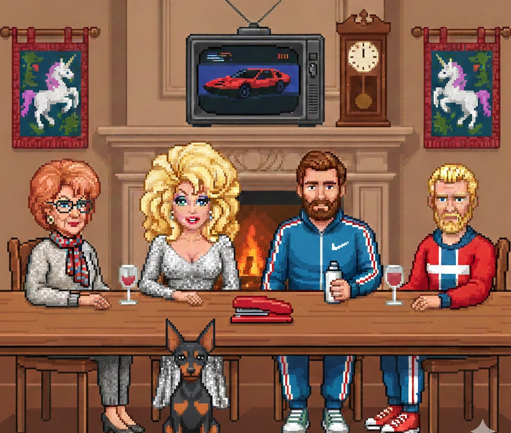 A pixel-art dinner table scene — a Dolly Parton-like figure, a coach in a tracksuit, an older woman, and a Nordic-sweatered man, with a red stapler on the table and a miniature pinscher underneath